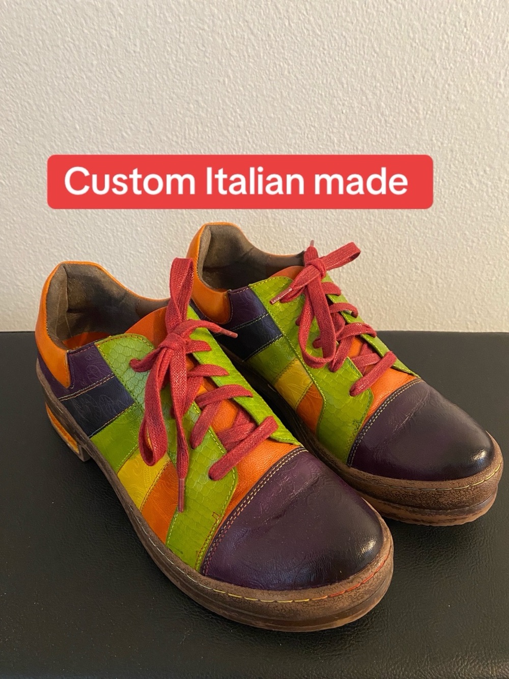 Custom Italian Multicolor Leather Patchwork Flats with Pink Laces